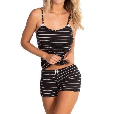 Imagem de Baby Doll Alça Malha com Calcinha Listrado Conforto - donna, P, Preto