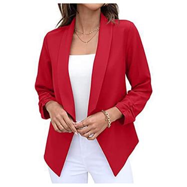 Imagem de Blazer feminino terno manga 3/4 jaqueta justa frente aberta cardigã casual escritório recortado blazer, Vermelho, XX-Large