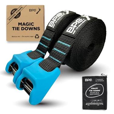 Imagem de BPS Tiras de amarração "mágicas" para rack de teto - "No Scratch" 4,5 m Tie Downs pacote com 2 tiras de prancha de surfe capa de fivela de silicone vem com bolsa de armazenamento sustentável – Prancha