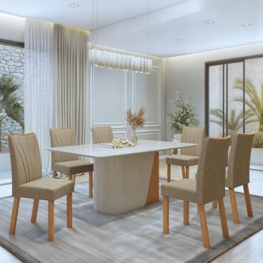 Imagem de Conjunto Luar 170cm Tampo MDF com Vidro e 6 Cadeiras Apogeu Amêndoa Clean/Off White/Bege