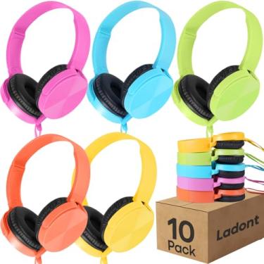 Imagem de Ladont Pacote com 10 fones de ouvido a granel para sala de aula, fones de ouvido infantis com fio para estudantes do ensino fundamental e médio, fones de ouvido acessíveis, multicoloridos com plugue
