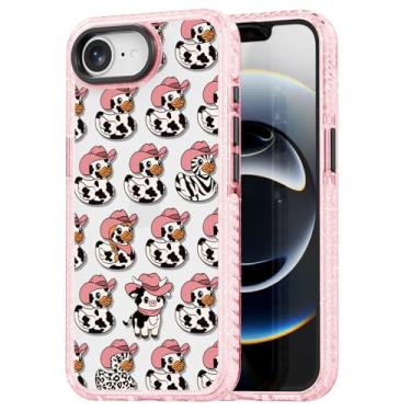 Imagem de Rosarnnah Capa fofa compatível com iPhone 16E - Capa de telefone durável à prova de choque de 2 m - Design engraçado rosa brilhante vaca leiteira pato para iPhone 16E 6,1 polegadas