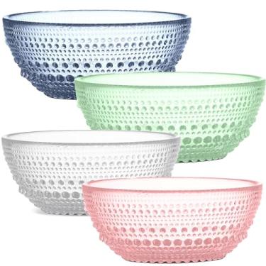 Imagem de Yungala Tigelas de vidro multicoloridas Hobnail conjunto de tigelas de vidro prensado de 10 a 14 cm em rosa, azul, verde e transparente, tigelas de sobremesa, sorvete ou sopa estilo vintage