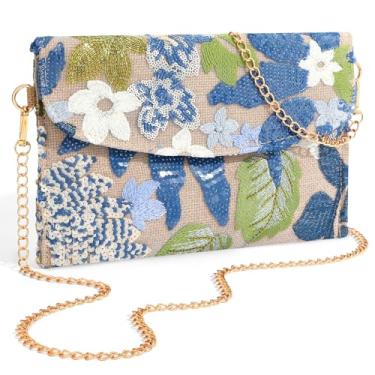 Imagem de XquiziFit Bolsa clutch feminina floral para noite para festa bordada com lantejoulas e contas, Azul com corrente, Regular(with chain): 10.2" × 6.2"