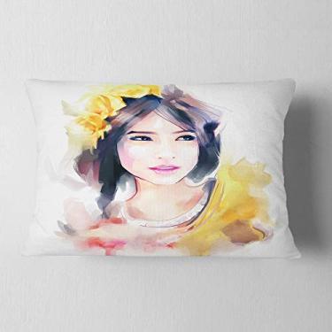 Imagem de Designart Portrait of Beautiful Girl' Contemporary Throw Lombar, sala de estar, sofá, almofada + capa de almofada impressa em ambos os lados 30,5 x 50,8 cm
