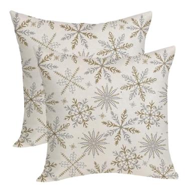 Imagem de OFIRD Capas de almofada de Natal 45,7 x 45,7 cm, pacote com 2 capas de almofada decorativas de floco de neve douradas, cinza, decoração de inverno, capa de almofada de linho de fazenda para sofá de