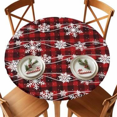 Imagem de Vandarllin Toalha de mesa redonda de Natal, floco de neve, borda elástica, capa de mesa de plástico, à prova d'água, à prova de óleo para jantar, ao ar livre, piquenique, mesas de 91 a 111 cm