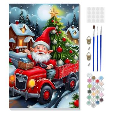 Imagem de DOMROM Kit de pintura emoldurada de Natal por números para adultos com cavalete de madeira, kit de pintura de gnomo por números para iniciantes, kits de pintura a óleo DIY para decoração de parede de