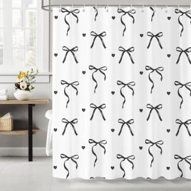 Imagem de Dazzlewall Cortinas de chuveiro de gravata borboleta preta, lindo conjunto de cortinas de chuveiro para meninas, decoração de banheiro, cortinas pretas modernas com ganchos, tecido impermeável 183 x