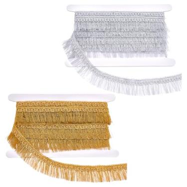 Imagem de AHANDMAKER Acabamento de franja de borla de 9,2 metros, fitas de renda com borla dourada prateada, tecido de poliéster, acabamentos de franja para roupas, vestidos, cortinas, abajures, toalhas de mesa