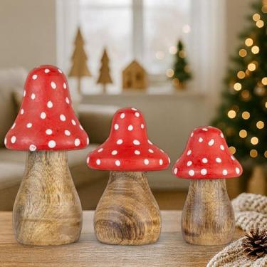Imagem de Mie Creations Wooden Mushroom Decor Figurines Set of 3, Aesthetic Mushroom Decor for Outdoor Garden Yard, Table Centerpieces, Home Shelf, Office Desk, Wood Decorative Christmas Sculptures- Red Dotted