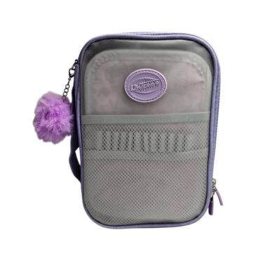 Imagem de Estojo Escolar Box Grande Lilás Transparente Pompom Moderno Divisória Colorido Organizador Alça