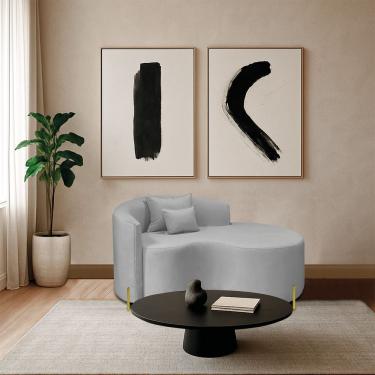 Imagem de Divã Recamier Curvo Sala De Estar Recepção Inglaterra 150cm Pés Metal Dourado Lado Direito Linho Cinza Claro