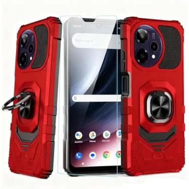 Imagem de Aulzaju Capa para celular Cricket iCon Pro 2026/Att Motivate Pro 2 5G capa de telefone com protetor de tela, suporte de anel magnético camada dupla canto robusto capa de grau militar vermelha para AT