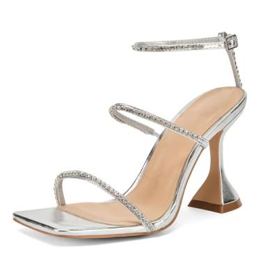 Imagem de FRJR Sandália de salto alto com tiras elegantes para mulheres com enfeites de strass, bico quadrado moderno - Stiletto de 6 cm, Prata, 9.5