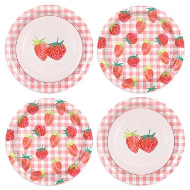 Imagem de FYSUIMU 50 peças, pratos de papel de morango, pratos descartáveis de 23 cm, vermelho, rosa, xadrez, decorativo, jantar, sobremesa, pratos para chá de bebê, suprimentos de festa de verão