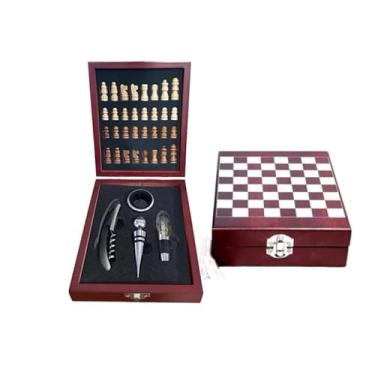 Imagem de Kit Vinho Completo 4 Peças Com Jogo De Xadrez Em Caixa MDF Presente Elegante Luxo Para Amantes De Vinho E Xadrez