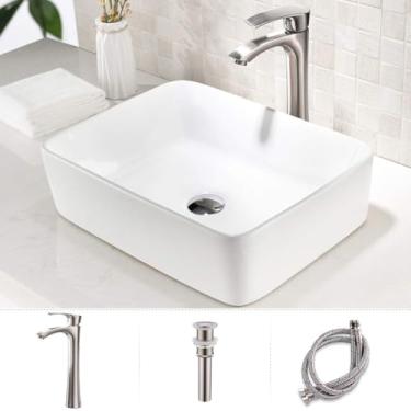 Imagem de Lavatório de banheiro retangular de 48 cm com torneira - HLBLFY 48 x 38 cm branco acima do balcão porcelana cerâmica vaso de lavagem à mão lavatório de pia de arte