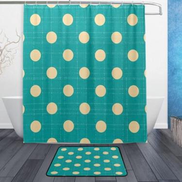Imagem de Kigai Conjunto de tapetes de cortina de banho com fundo azul de bolinhas brancas 2 peças, conjunto de tema de banheiro (152 x 182 cm) com cortina de chuveiro e tapete antiderrapante - 12 ganchos