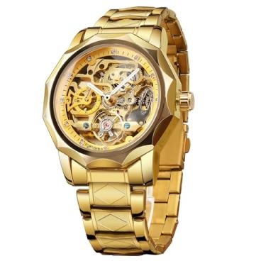 Imagem de FORSINING Relógio masculino esqueleto turbilhão automático relógio mecânico oco turbilhão losango relógio de pulso de aço inoxidável dourado ou preto, Preto