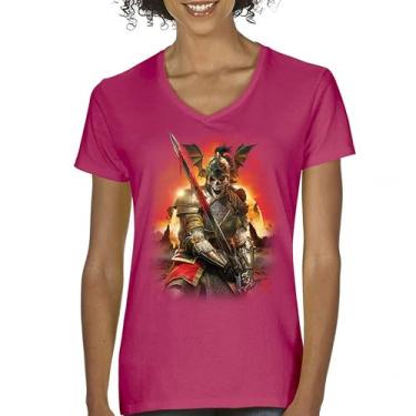 Imagem de Camiseta feminina Apocalypse Reaper gola V fantasia esqueleto cavaleiro com uma espada medieval lendária criatura dragão bruxo, Rosa choque, GG