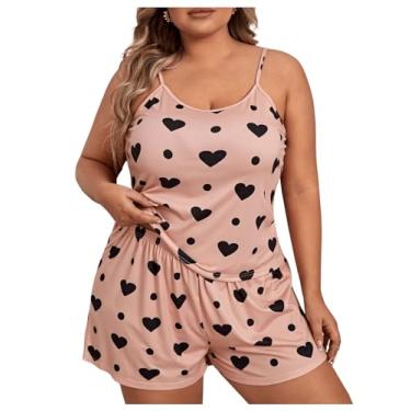 Imagem de WDIRARA Conjunto de pijama feminino plus size com estampa de coração, sem mangas, camiseta e short, Rosa coral, X-Large Plus