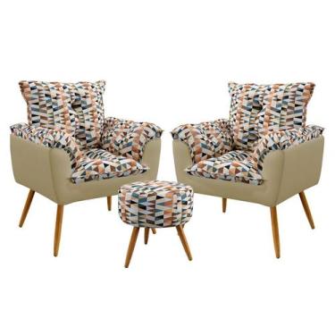 Imagem de Kit 2 Poltronas Decorativas Beta com Puff Solar Sued Estampado Laranja