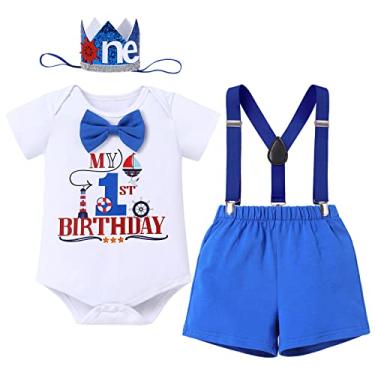 Imagem de ODASDO Conjunto de 4 peças com tema náutico/circo para bebês meninos, 1º aniversário, macaquinho de bolo, shorts, suspensórios, chapéu, 4 peças, Blue My 1st Birthday, 12 Months
