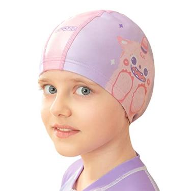 Imagem de COPOZZ Toucas de natação para meninas e meninos, touca de natação infantil de tecido de secagem rápida para cabelos longos e curtos, chapéus de natação de elastano com alta elasticidade para crianças