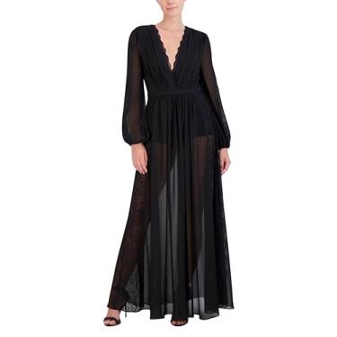 Imagem de BCBGMAXAZRIA Vestido longo longo de noite com gola sobrepeliz e manga balão, Preto, 38