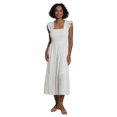 Imagem de London Times Vestido feminino midi de tecido de bolinhas com corpete franzido, saia em camadas e detalhes de babados, Branco, M