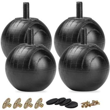 Imagem de TCHOSUZ Pernas de madeira para móveis de 5 cm, pacote com 4 pés ovais de substituição de madeira maciça preta DIY com parafusos de gancho M8 e porcas em T ou poltronas reclináveis de armário de sofá