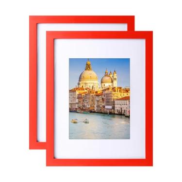Imagem de wyooxoo Conjunto de 2 porta-retratos de 20 x 28 cm feito de madeira maciça, 15 x 20 cm com tapete ou 21 x 27 cm sem tapete, moldura colorida para exibição de parede ou mesa, vermelho