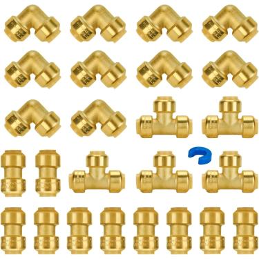 Imagem de Acessórios de encanamento 1/2 polegada Push Pex Conexões 1/5.1 cm 10 cada acoplamento e cotovelo de 90 graus Tee (5 PCS) sem chumbo latão empurrar para conectar tubo Pex cobre CPVC com 1 clipe de