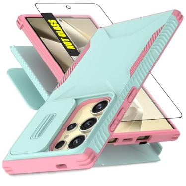 Imagem de AWZHYDT Capa para Samsung Galaxy S24 Ultra, com 1 protetor de tela HD e capa de câmera deslizante [de grau militar], capa protetora resistente à prova de choque para Galaxy S24 Ultra(ciano/rosa)