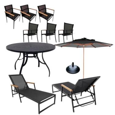 Imagem de Kit Conjunto de Jardim Mesa 1,40m Aluminio + 6 Cadeiras Area Externa + 2 Espreguiçadeiras Piscina Alumínio Tela Sling e Guarda Sol (Preto)