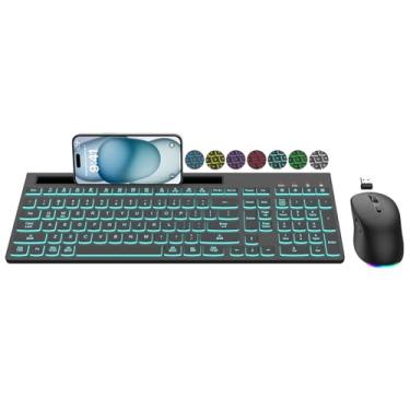 Imagem de Combo de teclado e mouse sem fio, 7 efeitos retroiluminados, letras iluminadas, recarregável, suporte de telefone, mouse de 6 botões, ângulo de inclinação ergonômico, mouse com teclado USB silencioso