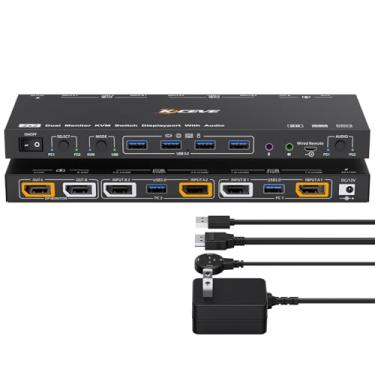 Imagem de Modo KVM/USB Interruptor KVM 2 Monitores 2 Computadores com Áudio, ANXQQ 8K @30Hz 4K @144Hz USB 3.0 Monitor Duplo Interruptor KVM Displayport, Compartilhe 4 Dispositivos USB com Controle com Fio e