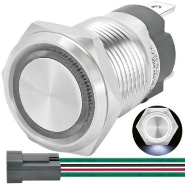 Imagem de Interruptor de botão de pressão de 15 Amp 16 mm Interruptores de travamento à prova d'água IP67 12V 24V CC/AC 1NO SPST Cabeça de olho de anjo luz LED branca liga e desliga de aço inoxidável com
