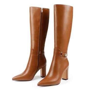 Imagem de JOY IN LOVE Botas de cano alto femininas de cano alto enrugadas e despojadas com zíper, Marrom fosco (estilo fivela), 40