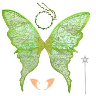 Imagem de FramePro 32"x30" Fairy Wings for Adults and Girls - Sparkly Organza Butterfly Wings Costume Set with Flower Tiara, Elf Ears & Magic Wand for Halloween Parties, Cosplay (Green)