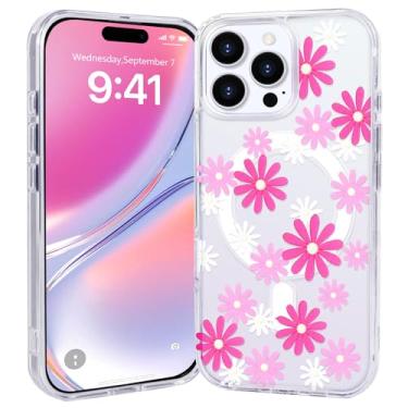 Imagem de SptPofp Capa magnética para iPhone 16 Pro Max, capa transparente com design estético de flores fofas compatível com MagSafe sem fio macio amortecedor protetor durável fina capa de telefone para