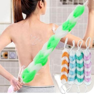 Imagem de 1 peça de alças de corda esfregão traseiro banho chuveiro malha esponja esfoliante corporal stretch trançado bucha para homens mulheres sabão esponja (cor aleatória, 25 cm)