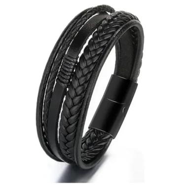 Imagem de Pulseira de couro preta elegante em várias camadas – Presente para namorado, pai ou como uma pulseira de casal