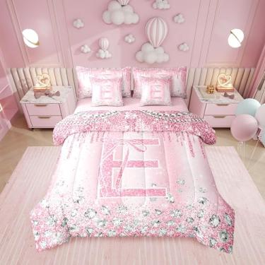 Imagem de Erosebridal Conjunto de cama solteiro com letra V com laço e alfabeto ombré, rosa, 7 peças | Conjunto de edredom coquete com glitter com monograma e laço em uma bolsa, conjunto de cama feminino