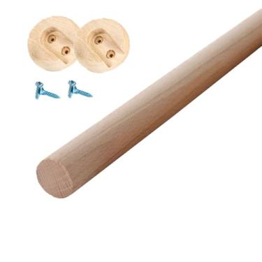 Imagem de 1 poste redondo de armário com suportes de extremidade, haste de armário de madeira para pendurar roupas, mastro de armário premium, varões transversais para pendurar roupas de madeira natural (D2 cm