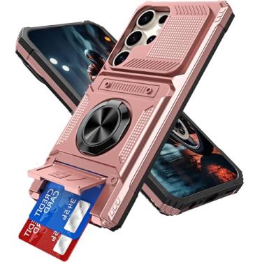Imagem de LEMAXELERS Capa para Samsung Galaxy S25 Ultra com anel giratório magnético de 360° com suporte para cartão oculto com compartimento para cartão capa protetora de camada dupla resistente para Galaxy