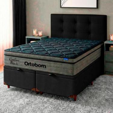 Imagem de Cama Box Bau Preto + Cabeceira + Colchão Queen Confort Black Ortobom