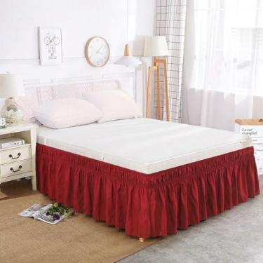 Imagem de Analwu100 Saia de cama elástica com babados, base de cama enrolada ao redor do lençol de cama capa Divan vermelho vinho Queen: 60 x 80 + 38 cm