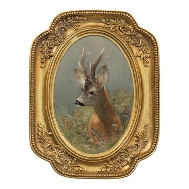 Imagem de FOLKOR Decoração de arte de parede vintage com moldura dourada, adoráveis impressões em tela de animais para decoração de prateleira flutuante de parede, pinturas retrô com moldura dourada para quarto